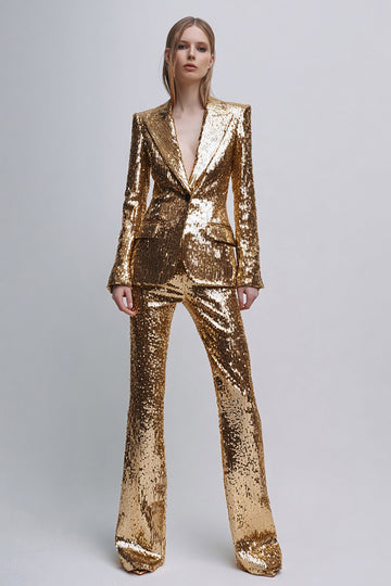 Gold Peak Lapel 2 Piece Women Prom Suits With Sequins